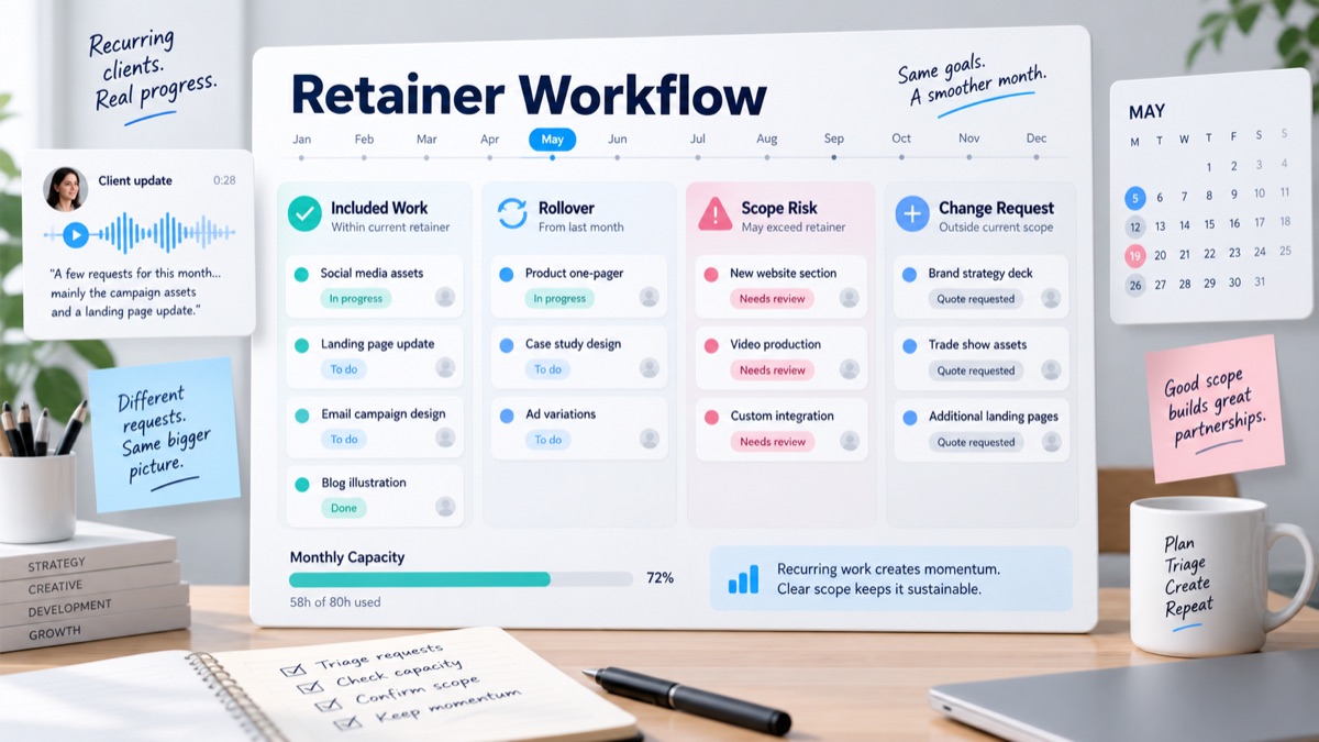 Client retainer workflow with a monthly board, capacity tracking and request categories