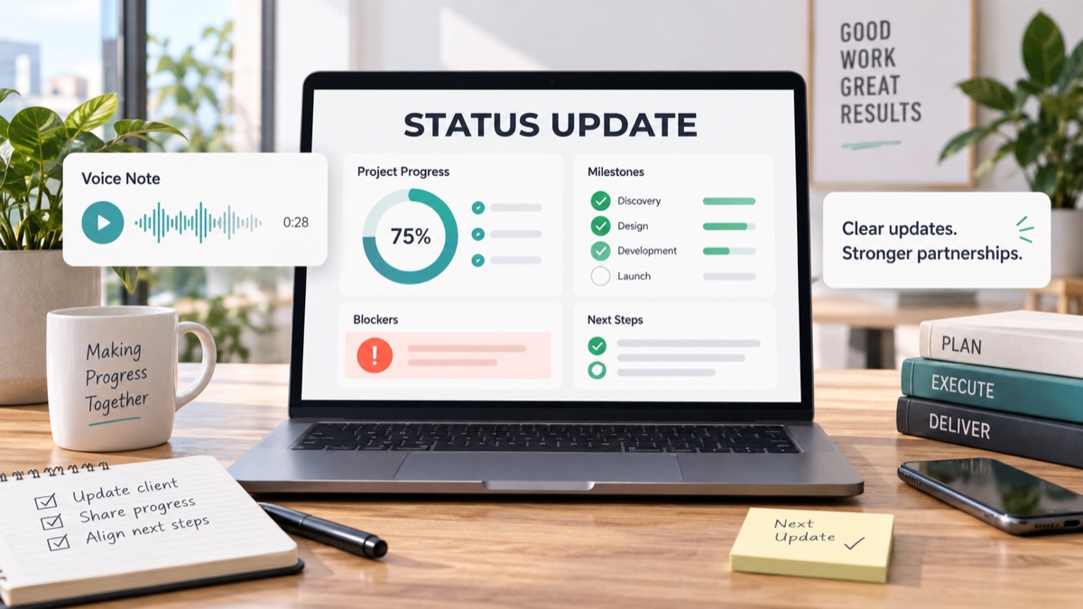 Client status update dashboard with voice note, milestones, blockers and next steps