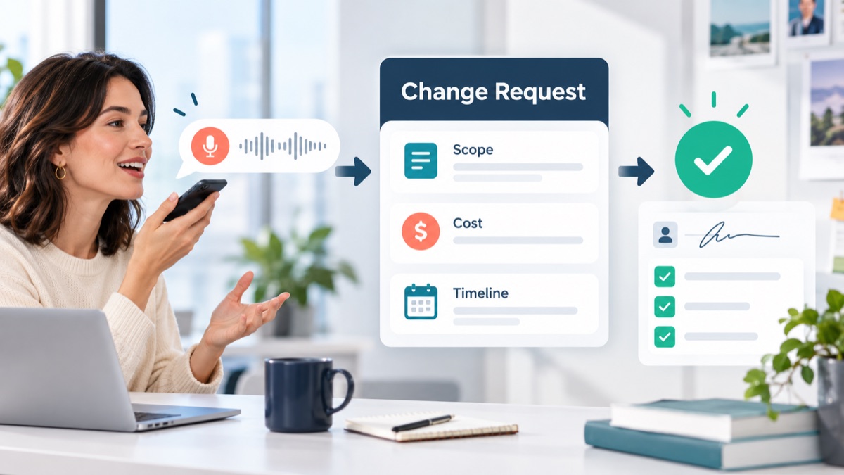 Client change request workflow with voice note, scope impact, cost, timeline and approval