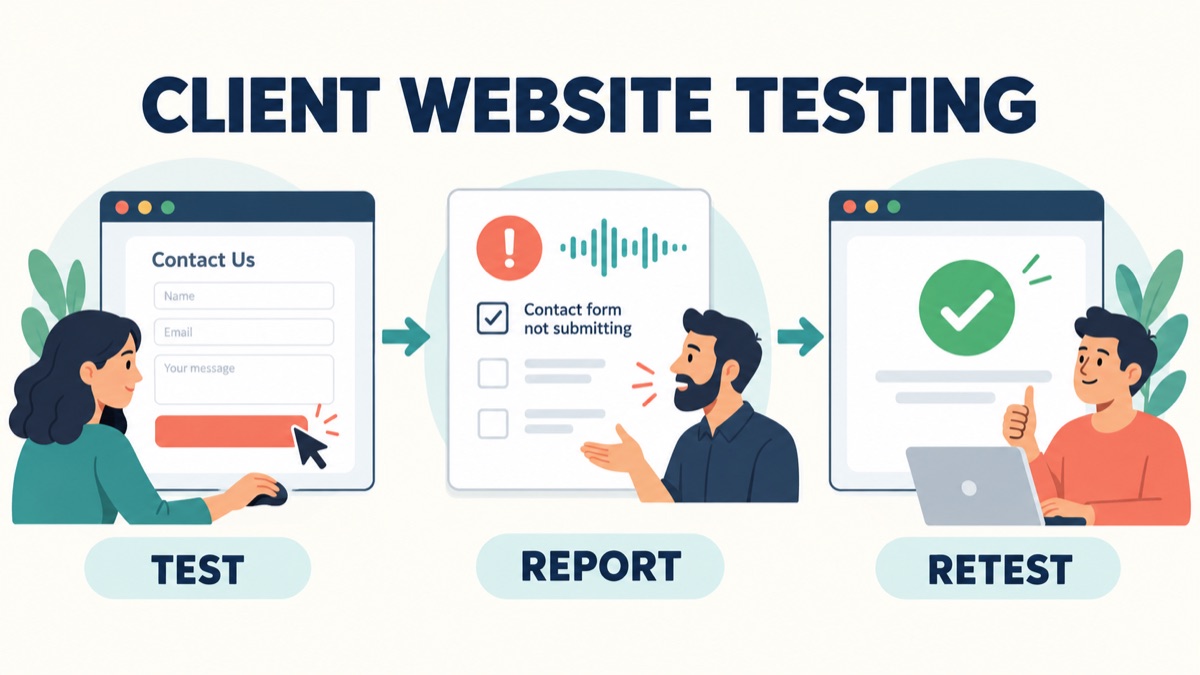 A client tests a website, explains a specific issue and retests the correction