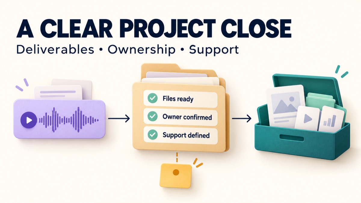 Client offboarding checklist showing final files, confirmed ownership and defined support