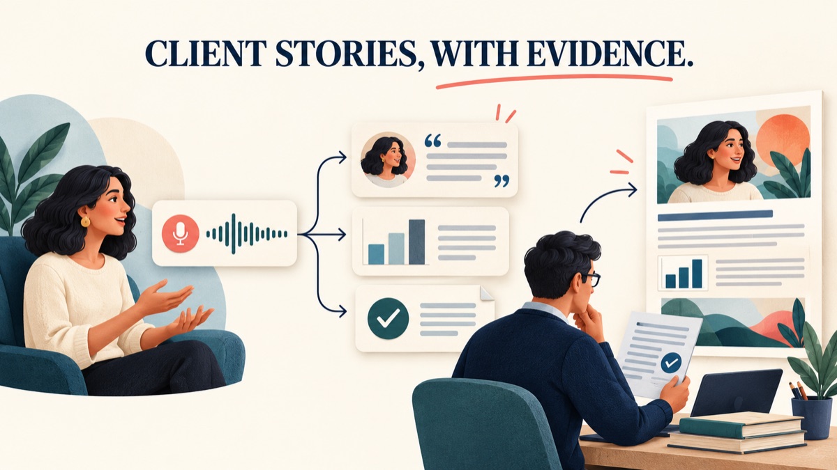 Client voice interview becoming a checked case study source brief